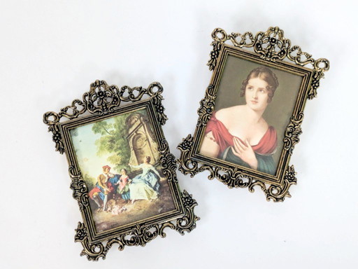 Juego de 6 láminas de arte victoriano, marco de metal dorado vintage, fabricado en Italia, década de 1970.