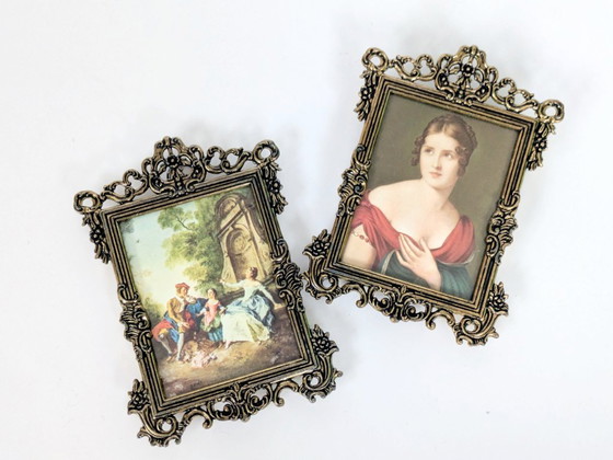 Image 1 of Set di 6 stampe d'arte vittoriane, cornice vintage in metallo dorato, Made in Italy, anni '70