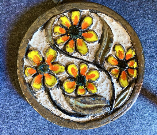 Set of 3 ceramic wall decorations, mural flowers, 70s vintage Jan van Erp