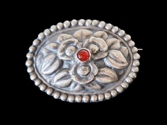 Image 1 of Broche ancienne danoise en argent et cornaline - Poinçonnée