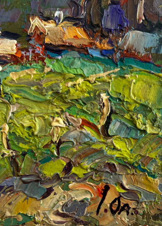 Image 1 of Original Oil Painting Evening Village Landscape Village near the forest