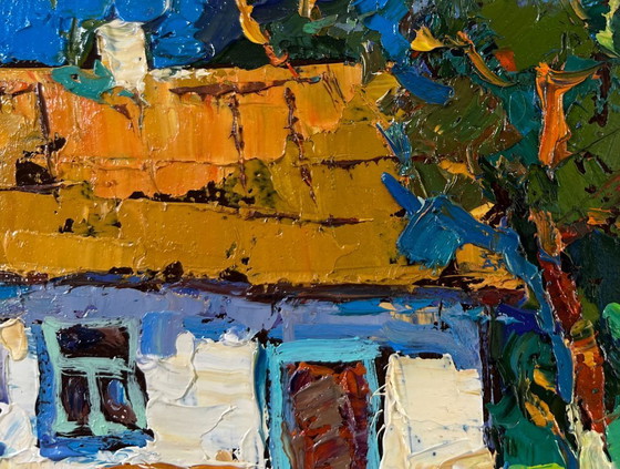 Image 1 of Original Oil Painting Summer Village Landscape Where childhood is on the grass