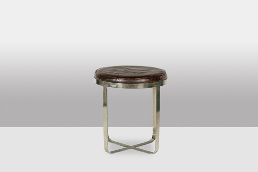 Round industrial-style stool in metal and leather. 1970s