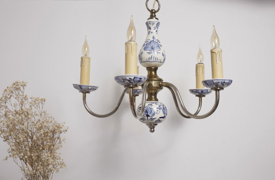 Image 1 of Antique Delft Blue Porcelain Chandelier Dutch Ceramic Ceiling Light Blue White Farmhouse Cottagecore Lighting