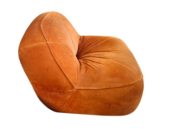 Image 1 of Vintage 1970s Set: 3-Seater Sofa + Orange Velvet Armchair