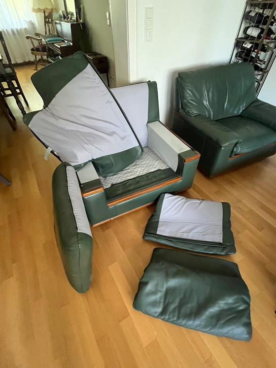 High-quality Jean Roche leather sofa + 2 armchairs – French designer furniture in green – Couches, Wood (photo 7 of 10)