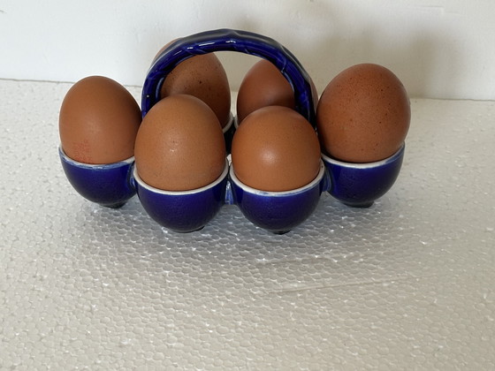 Image 1 of Juego de hueveras de loza azul cobalto y blanca, circa 1900, taller de Georges Dreyfus