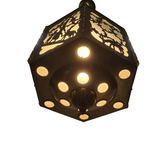 Image 1 of Lampada a sospensione antica in ottone traforato e segato, inizio XX secolo