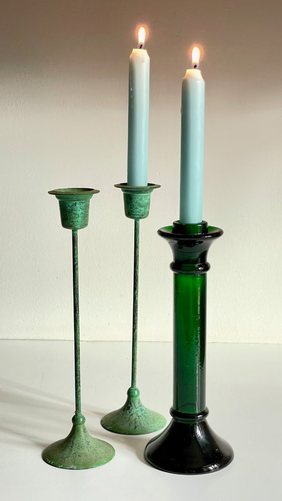 Image 1 of Vintage Glass and Metal Candle Holders Green