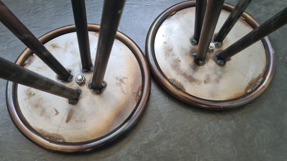 Image 1 of Set (2x) industrial vintage metal bar stools metal & wood