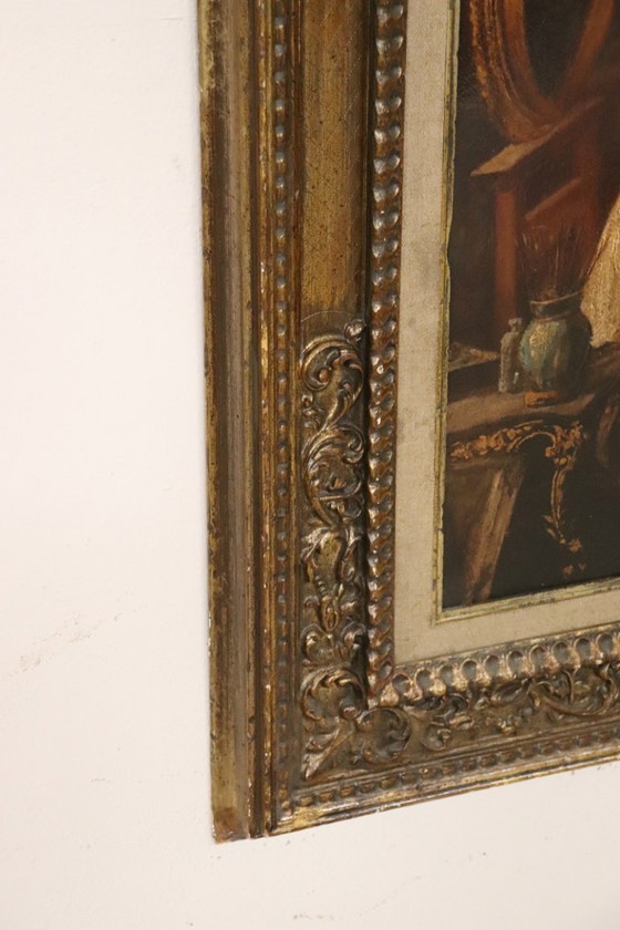 Image 1 of Olieverfschilderij op karton, Jonge schilderes met kardinaal, Italië, 19e eeuw