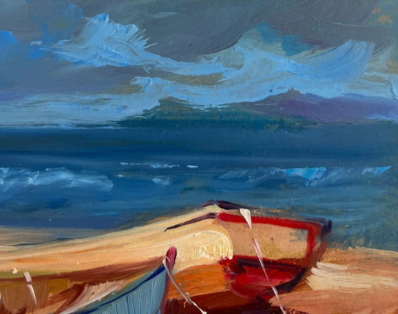 Image 1 of Original Oil Painting Evening Sea Landscape Calm evening sea