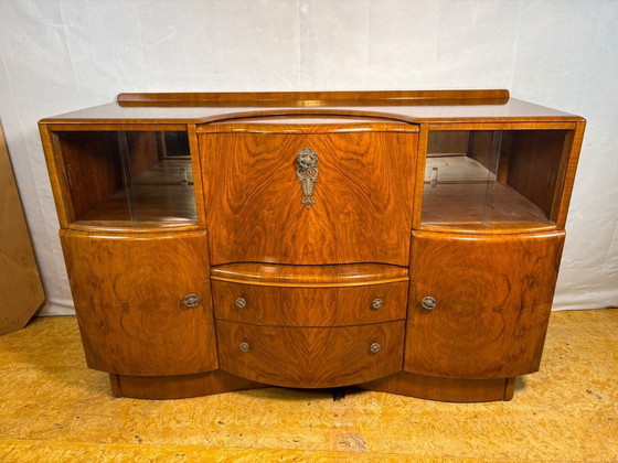 Image 1 of Art Deco Vintage Burr Walnut Cocktail Cabinet / Sideboard by Beautility Circa 1930–1940  A truly stunning Art Deco cocktail cabi