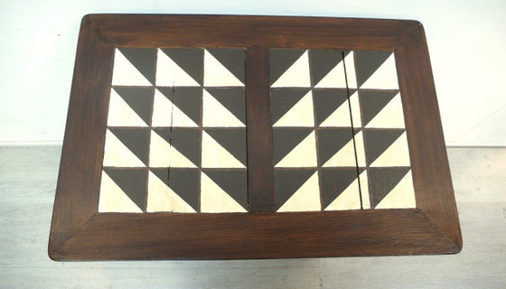 Antieke bijzettafel met lade, massief walnoothout, donker met crèmekleurig patroon. – Wood (photo 7 of 7)