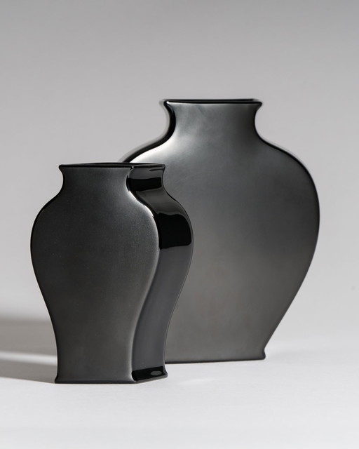 Tadao Amano for Rosenthal Studio-Line “Sakura” Vase Pair in Porcelaine Noire — Matte & Glossy Black, 1980s Germany / Japan