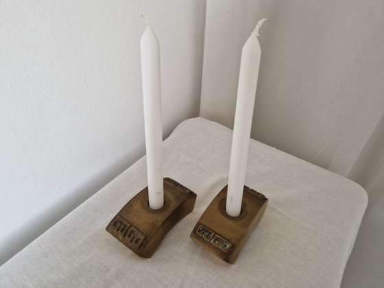 Image 1 of Portacandele brutalisti di metà secolo - Ottone/Bronzo massiccio - Anni '60/'70 (Set di 2) - Design scandinavo