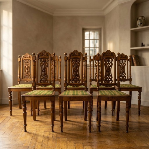 Set van 9 eetkamerstoelen in renaissance-revivalstijl, gesneden hout, Tsjechoslowakije, begin 20e eeuw