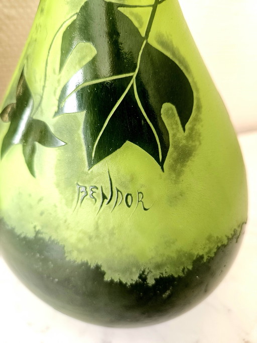 Large Art Nouveau Soliflore Vase Signed BENDOR Multi-layered Glass Acid-Etched Collector's Item 35cm