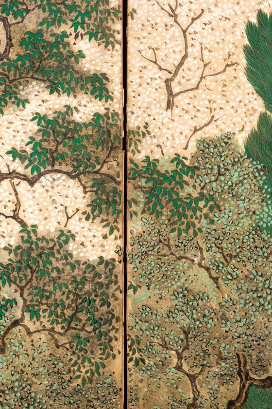 Image 1 of Antico paravento giapponese a sei pannelli con raffigurazione della storia di Genji.