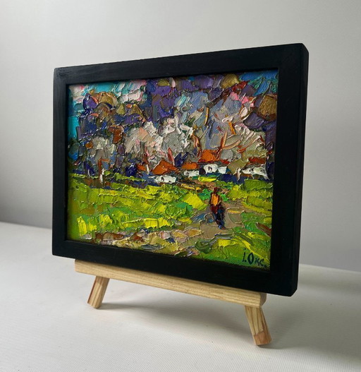 Original Oil Painting Day Village Landscape As the snow melts early spring comes