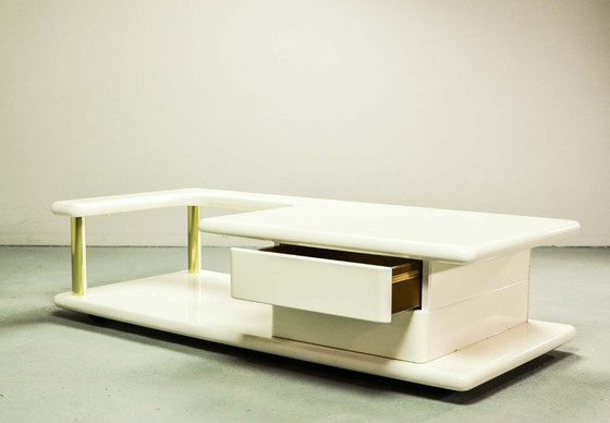 Image 1 of White High Gloss Lacquered Free Form Mid-Century Italian Design Coffee Table with Brass Accents.