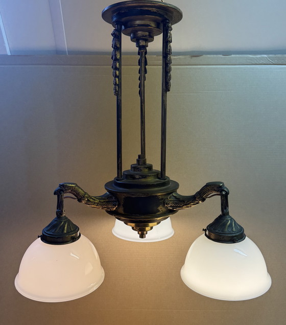 Image 1 of Rare Art Nouveau pendant lamp | 3 perfect original opal glass shades | 1905–1925