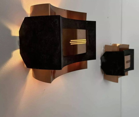 Image 1 of Coppia di applique vintage, metallo nero opaco e rame, Paesi Bassi 1960