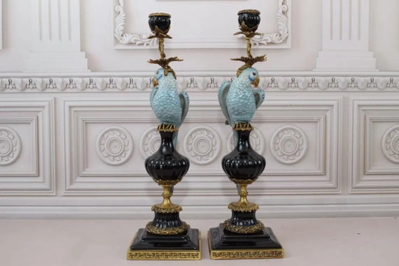 Lussuosa coppia di Portacandele pappagallo in porcellana blu con bronzo – Dipinti a mano e finitura craquelé (photo 10 of 10)