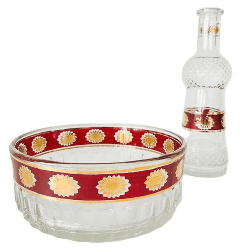 Service à thé vintage Stampi Francolini rouge rubis et or, comprenant un bol et une bouteille, en verre italien des années 1960