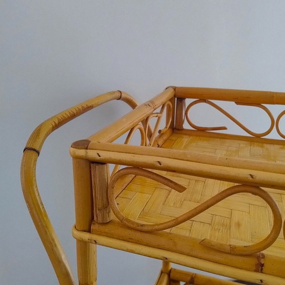 Image 1 of 1960s Exquisite Italian Bamboo & Rattan Bar Cart by Franco Albini - Mid Century Trolley