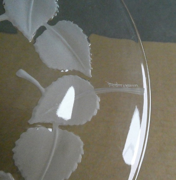 Image 1 of 3 plates, glass, satin leaf decoration, Lalique, Paris, France, signed
