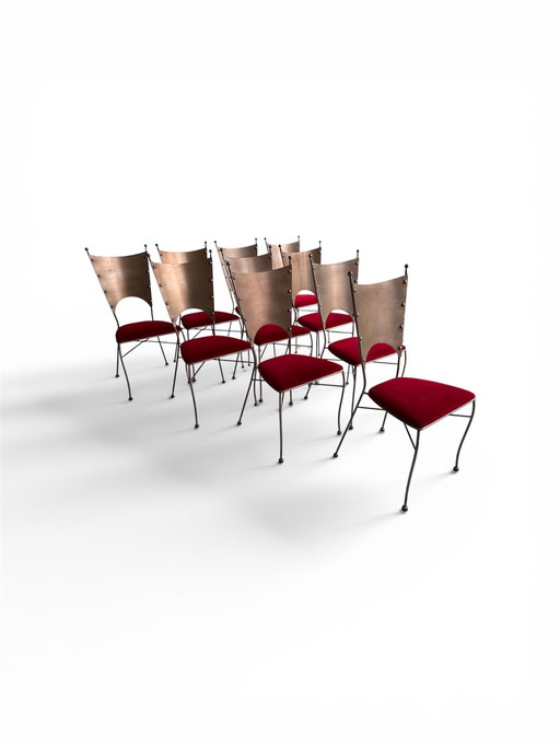 Sedie di design di Andy Thornton – velluto rosso e bronzo ramato (set)