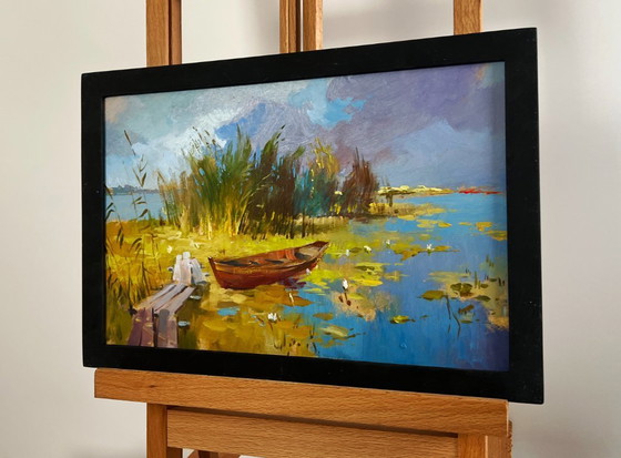 Image 1 of Original Oil Painting River Coastal Landscape A boat among the reeds