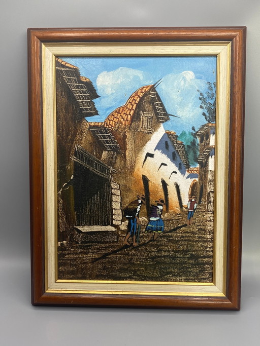 Peruvian Costumbrista painting on canvas, Andean street scene, Centro Artesanal Magdalena, Lima – decoratieve objecten, Wood