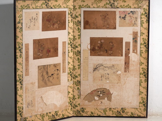 Paravento giapponese antico a due pannelli con collage di dipinti – Giappone, circa 1900 – Paraventi, Paper (photo 2 of 40)