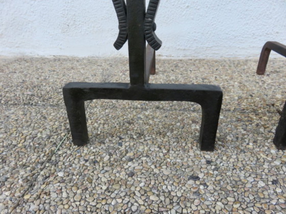 Image 1 of Hammered wrought iron andirons, French work in the style of Subes and Poillerat, 1940s-1950s