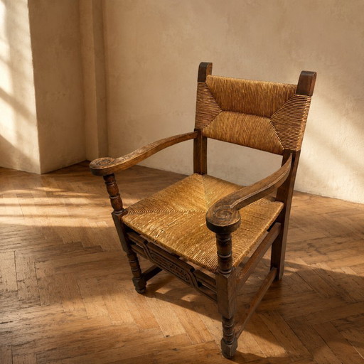 Rustieke fauteuil van gevlochten riet, jaren 1960-1970