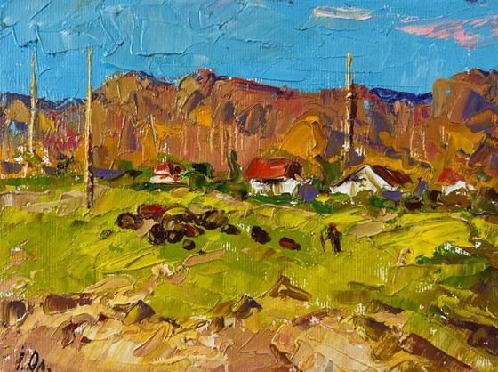 Image 1 of Origineel olieverfschilderij: Zomerlandschap, zonnige dag buiten het dorp