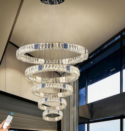 Moderne kristallen kroonluchter, grote verstelbare roestvrijstalen LED-lamp met 5 ringen