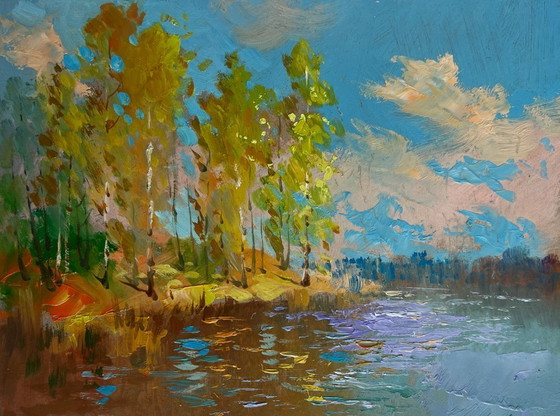 Image 1 of Original Oil Painting Autumn River Landscape Reflection of autumn in the river