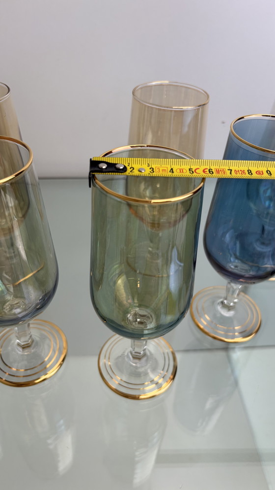 Image 1 of 8 x Vintage iridescent wine glasses or water glasses rainbow glass