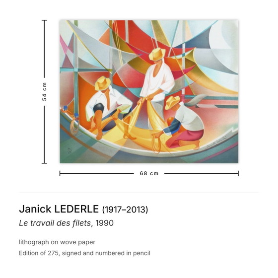 Janick Lederle Lithographie Signée Le Travail Des Filets 1990 – Lithographies et sérigraphies, Paper (photo 3 of 5)