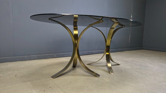 Image 1 of Vintage brass oval glass dining table, 1970s