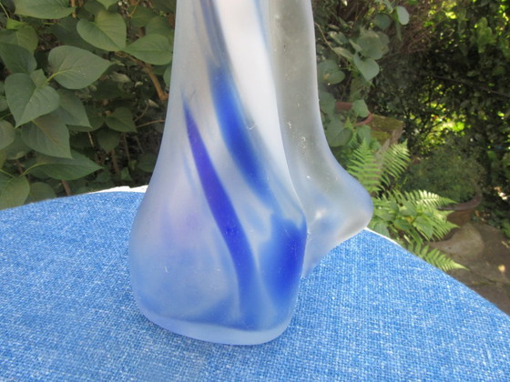 Image 1 of Swirled Frosted Blue Heavy Glass Bud Vase Art Nouveau inspired, vintagefron