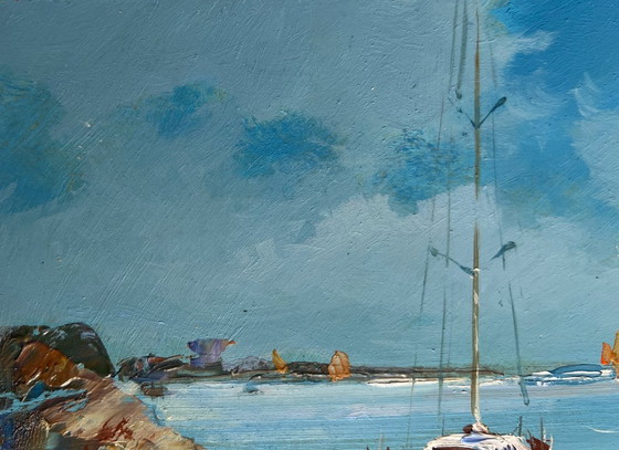 Image 1 of Origineel olieverfschilderij: Zomers zeegezicht, voorbereiding op een zeereis.