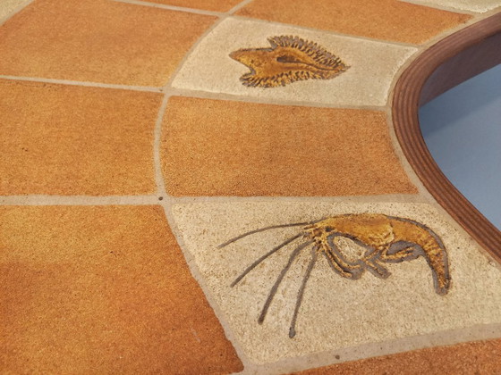 Image 1 of Barrois comma-shaped coffee table with vintage shell motifs in wood and Vallauris ceramic from the 1960s and 70s