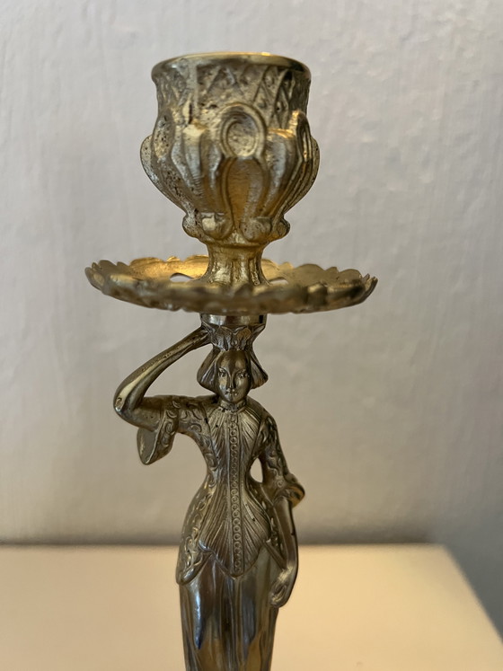 Image 1 of Pair of Empire style bronze candlesticks with female and male figurines