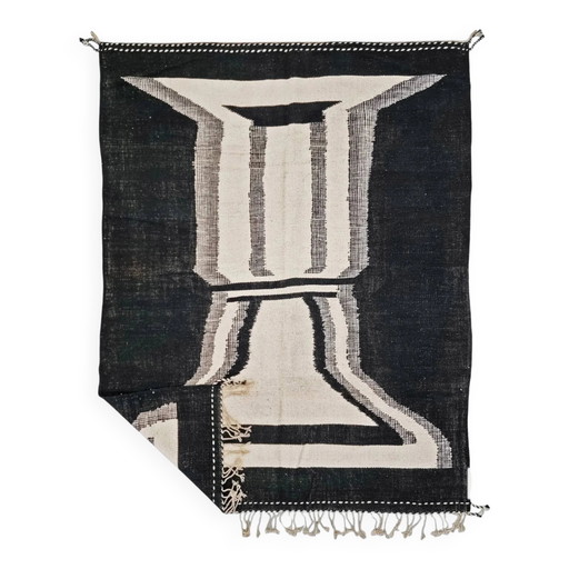 Ayoub - Maßgefertigter schwarz-weißer abstrakter Berber Teppich - Zanafi Kilim Teppich