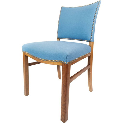 Sedia vintage con gambe in mogano chiaro e rivestimento in tessuto azzurro, 1940