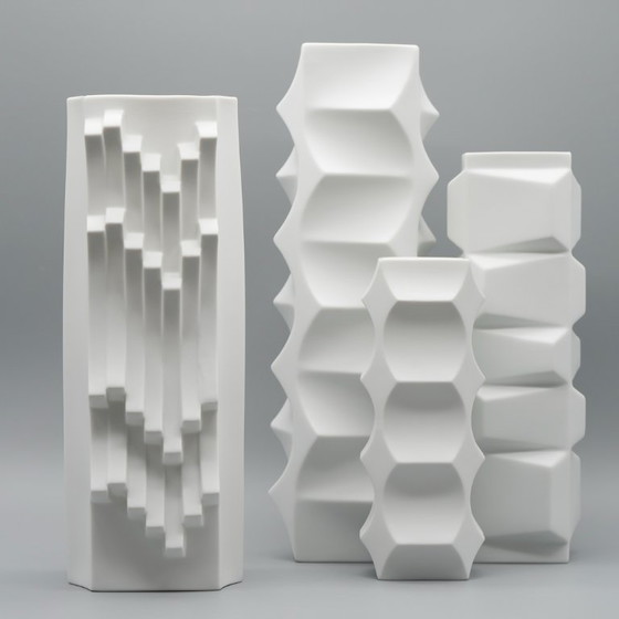 Image 1 of HUTSCHENREUTHER Chic Biskuitporzellan ARCHAIS 4× Vasen-Set Heinrich FUCHS Op Art